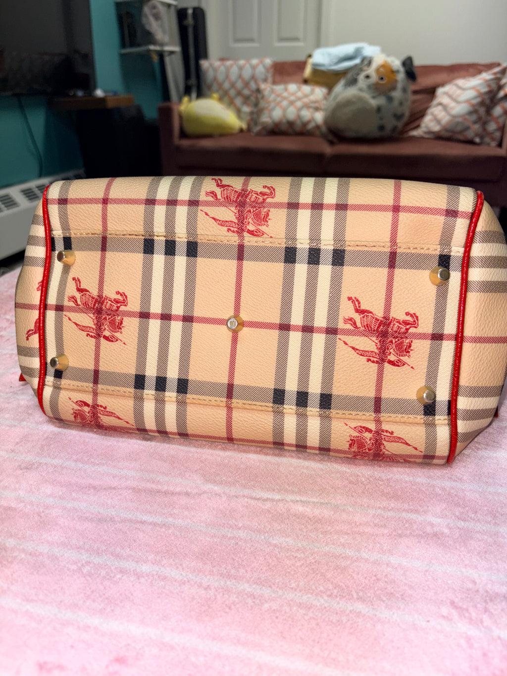 Authentic Burberry Haymarket Check Tote Bag Red Leather Trim | Preloved Designer Handbag