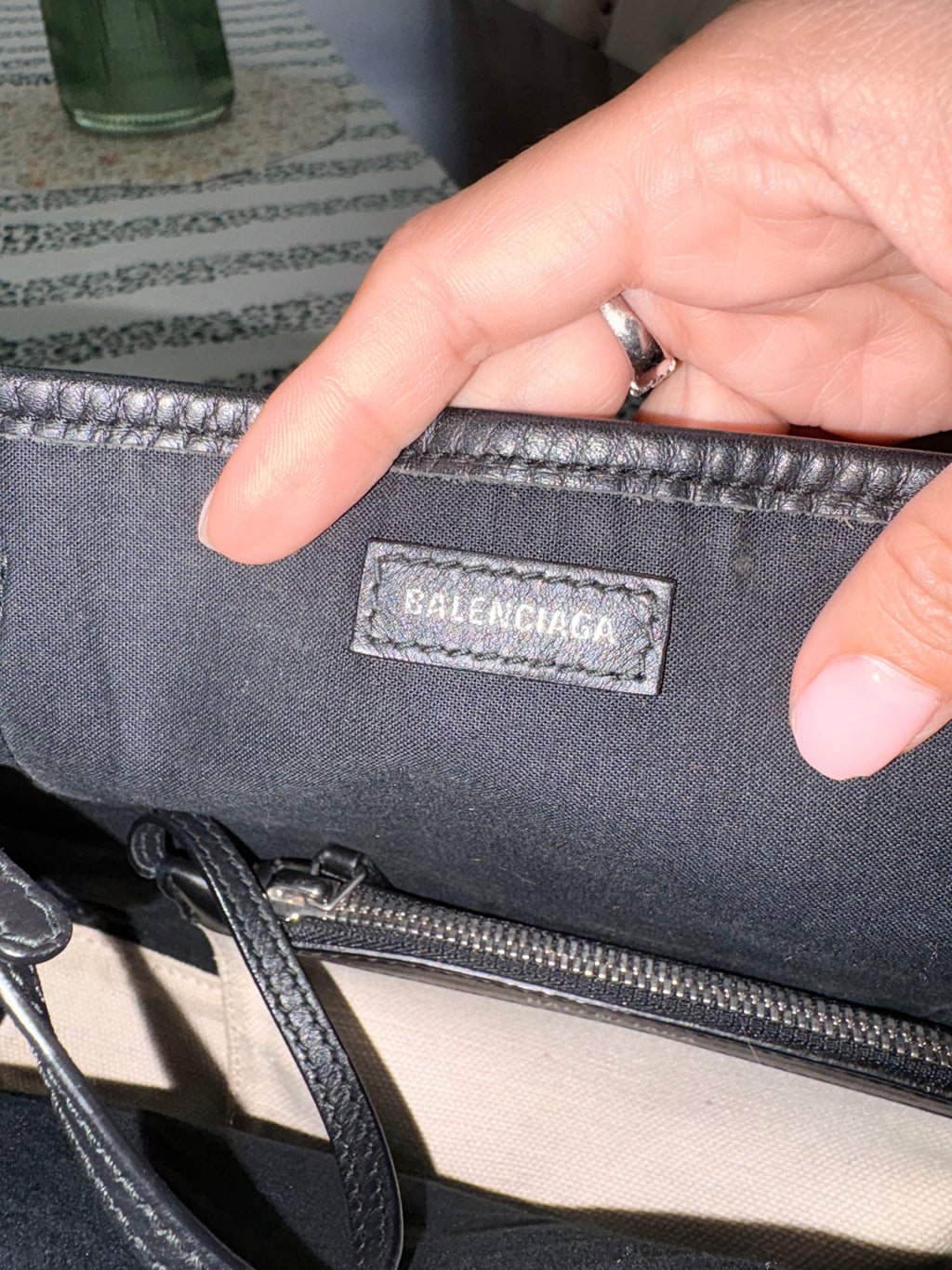 Authentic Balenciaga Navy Cabas XS Tote Bag | Black & Natural Canvas Crossbody Luxury Handbag
