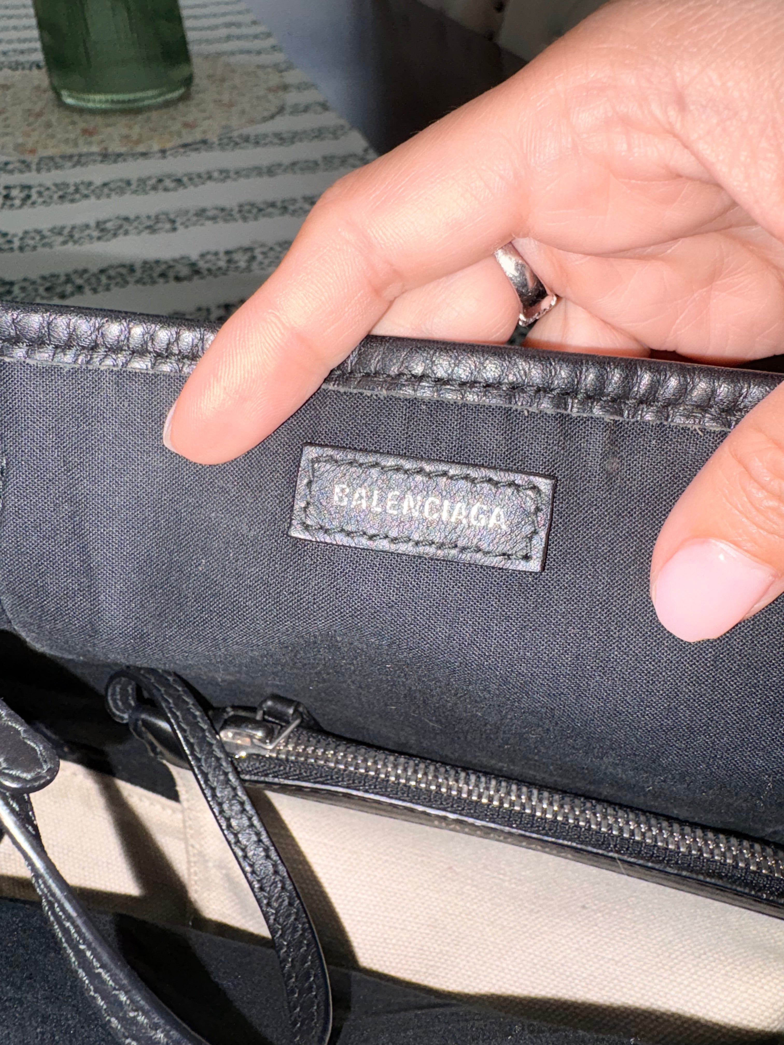 Authentic Balenciaga Navy Cabas XS Tote Bag | Black & Natural Canvas Crossbody Luxury Handbag