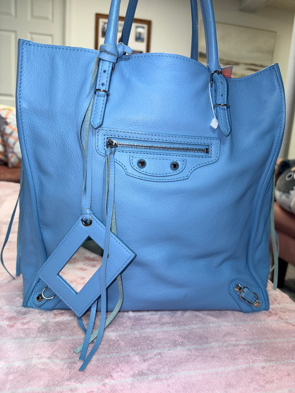 Authentic Balenciaga Papier A4 Zip Around Tote Bag in Baby Blue Leather – Pre-Loved Balenciaga Handbag