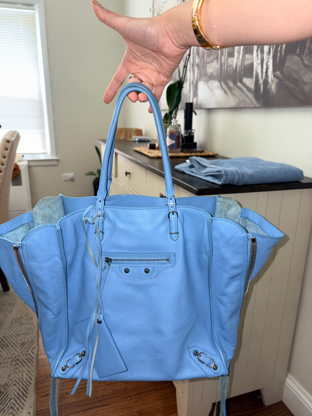 Authentic Balenciaga Papier A4 Zip Around Tote Bag in Baby Blue Leather – Pre-Loved Balenciaga Handbag