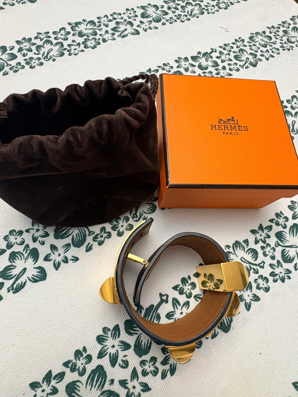 Authentic Hermès Collier de Chien (CDC) Bracelet Black Leather Gold Hardware | Pre-Loved Hermès Jewelry
