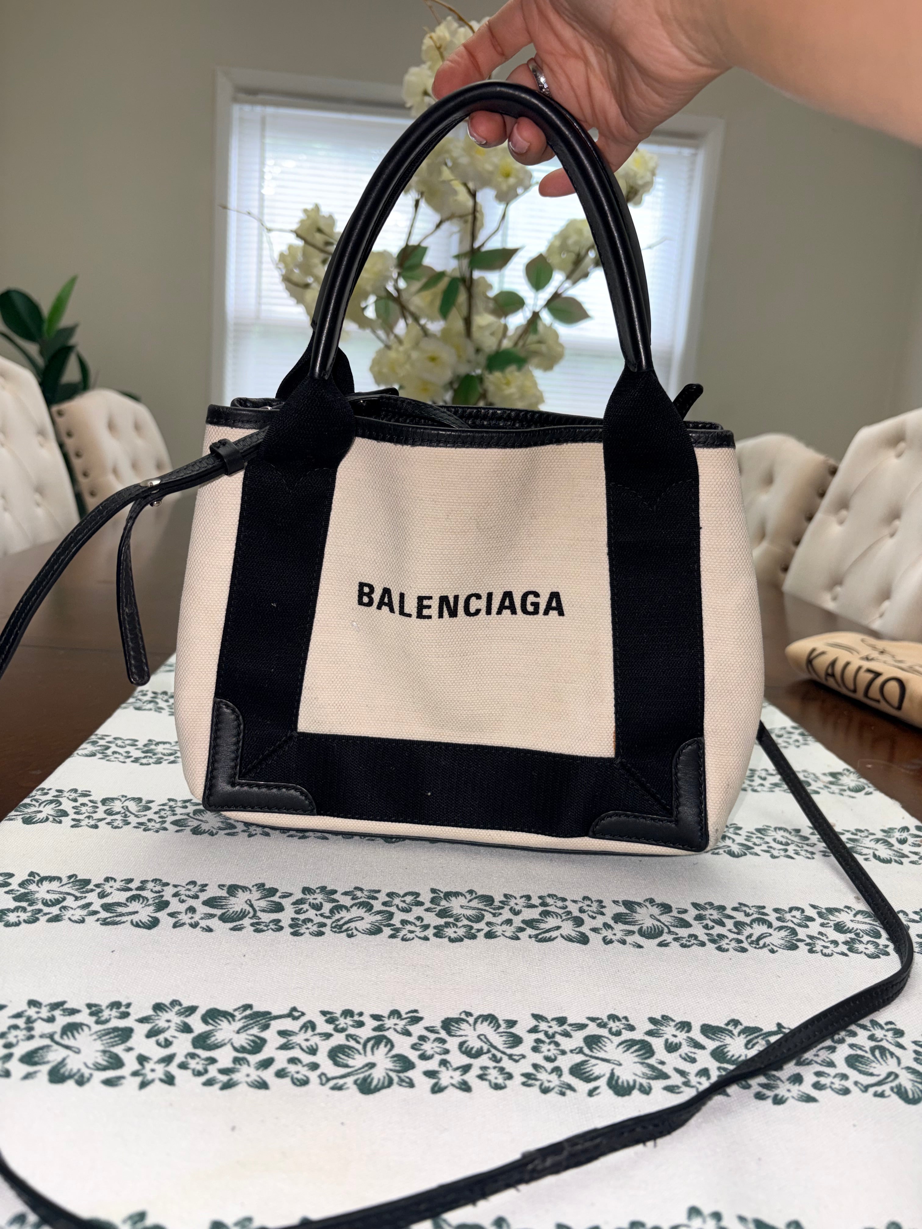 Authentic Balenciaga Navy Cabas XS Tote Bag | Black & Natural