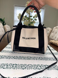 Authentic Balenciaga Navy Cabas XS Tote Bag | Black & Natural Canvas Crossbody Luxury Handbag