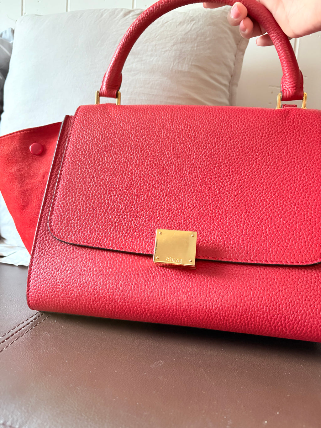 Celine Trapeze in Red Leather and Suede Shoulder Bag