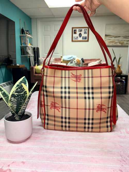Authentic Burberry Haymarket Check Tote Bag Red Leather Trim | Preloved Designer Handbag