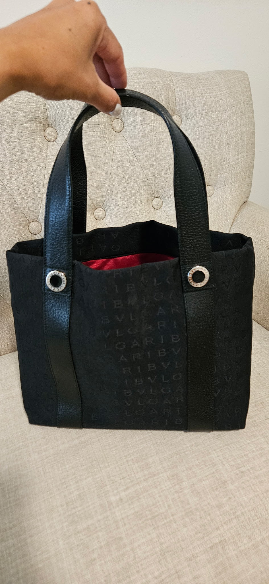 Bvlgari Logo Mania Black Jacquard Canvas Tote Bag with Matching Pouch
