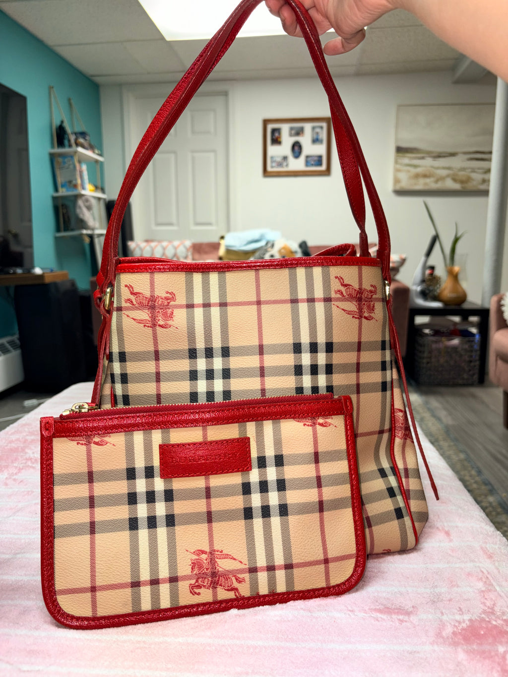 Authentic Burberry Haymarket Check Tote Bag Red Leather Trim | Preloved Designer Handbag