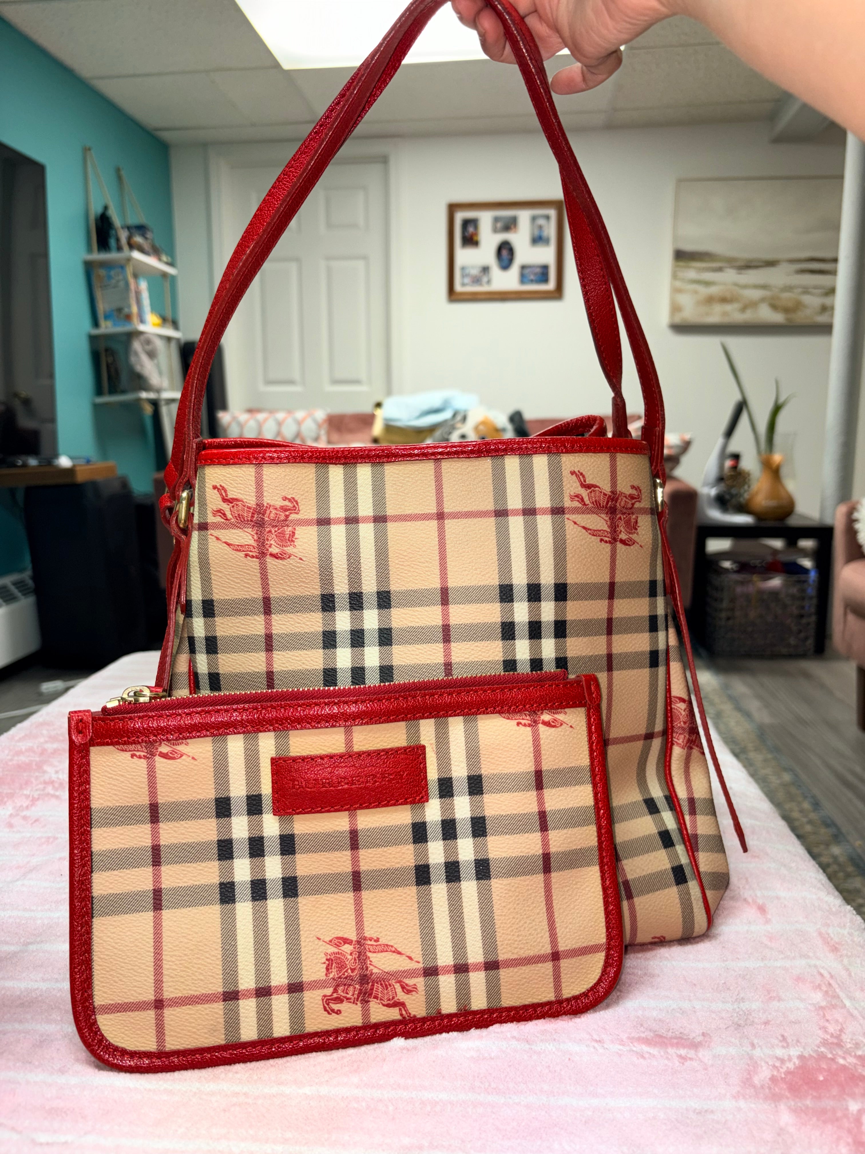 Authentic Burberry Haymarket Check Tote Bag Red Leather Trim | Preloved Designer Handbag