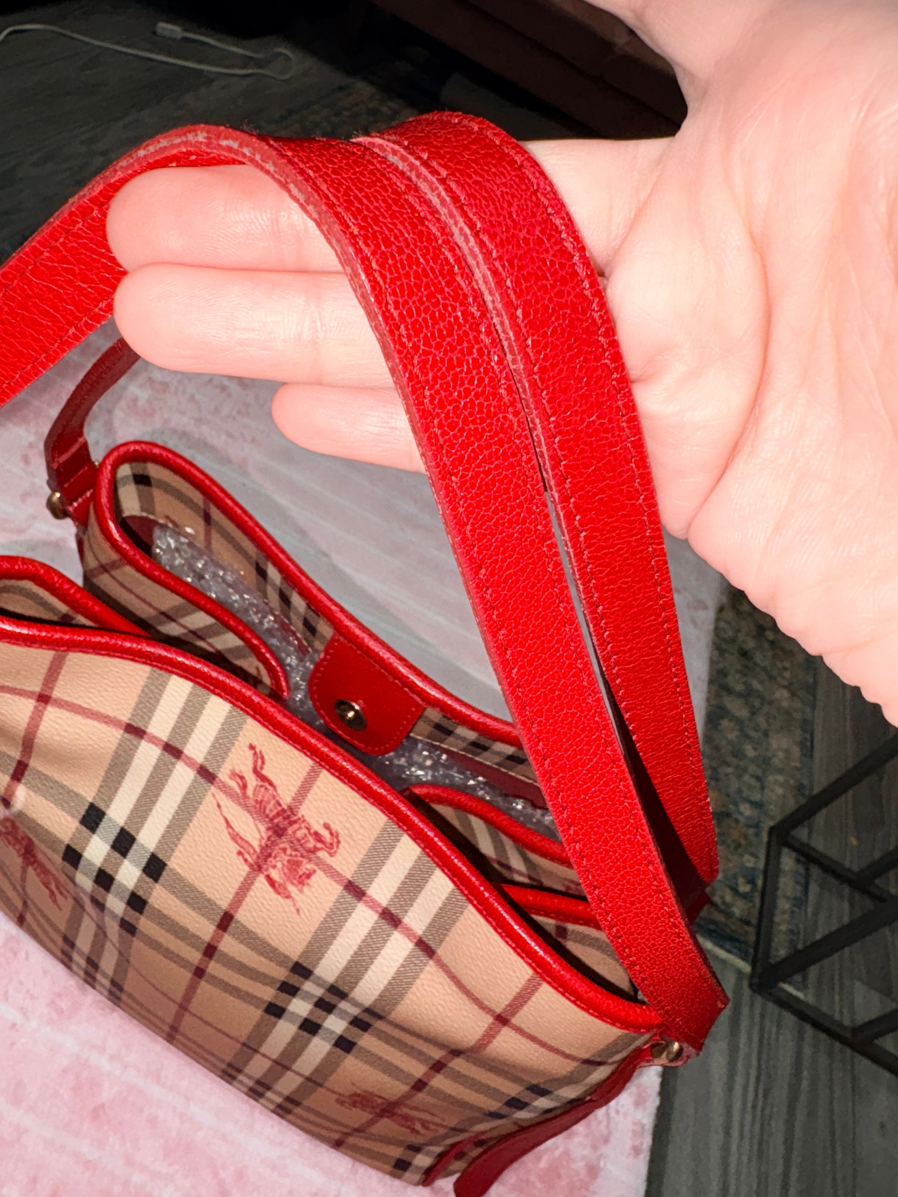 Authentic Burberry Haymarket Check Tote Bag Red Leather Trim | Preloved Designer Handbag