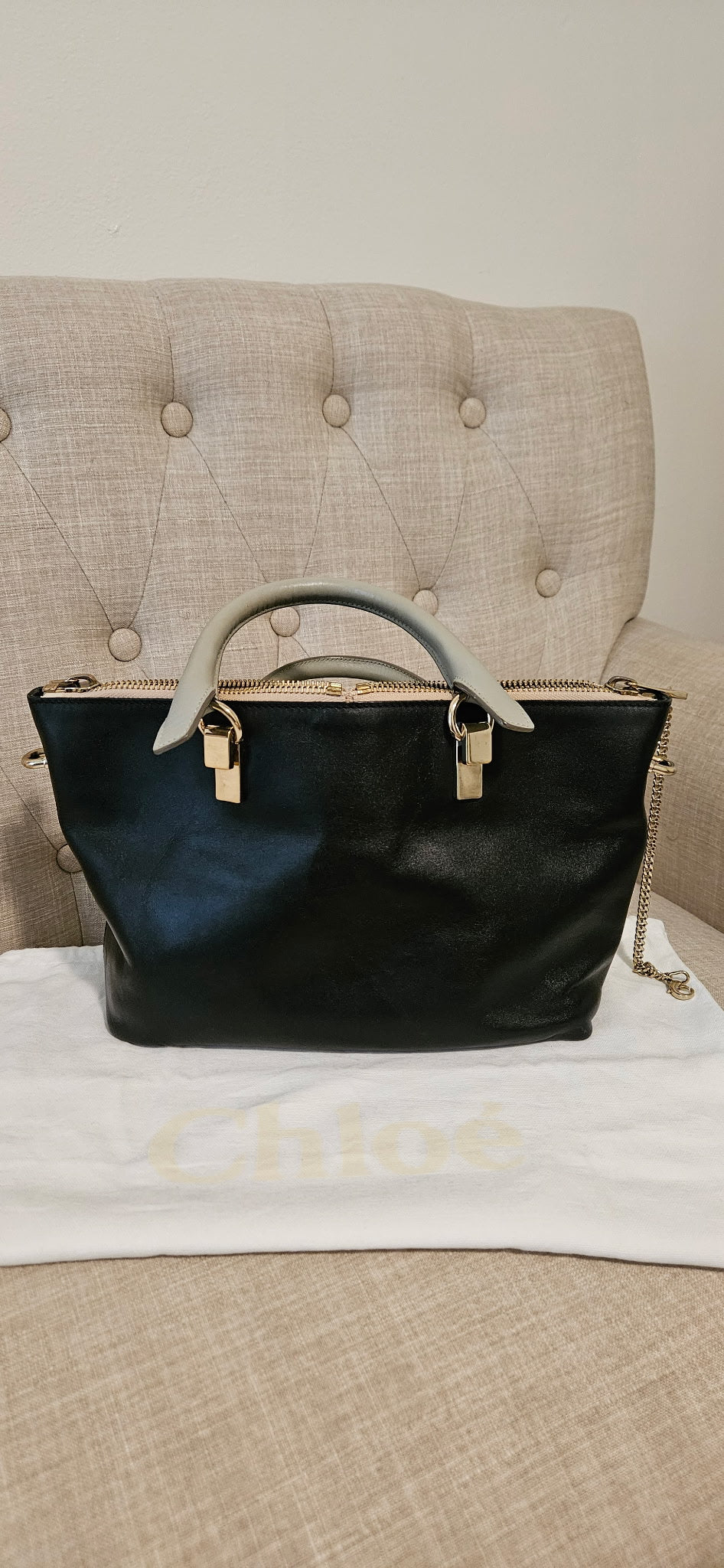 Chloé Baylee Medium Tote Bag Black Leather Gray Handles Gold Hardware