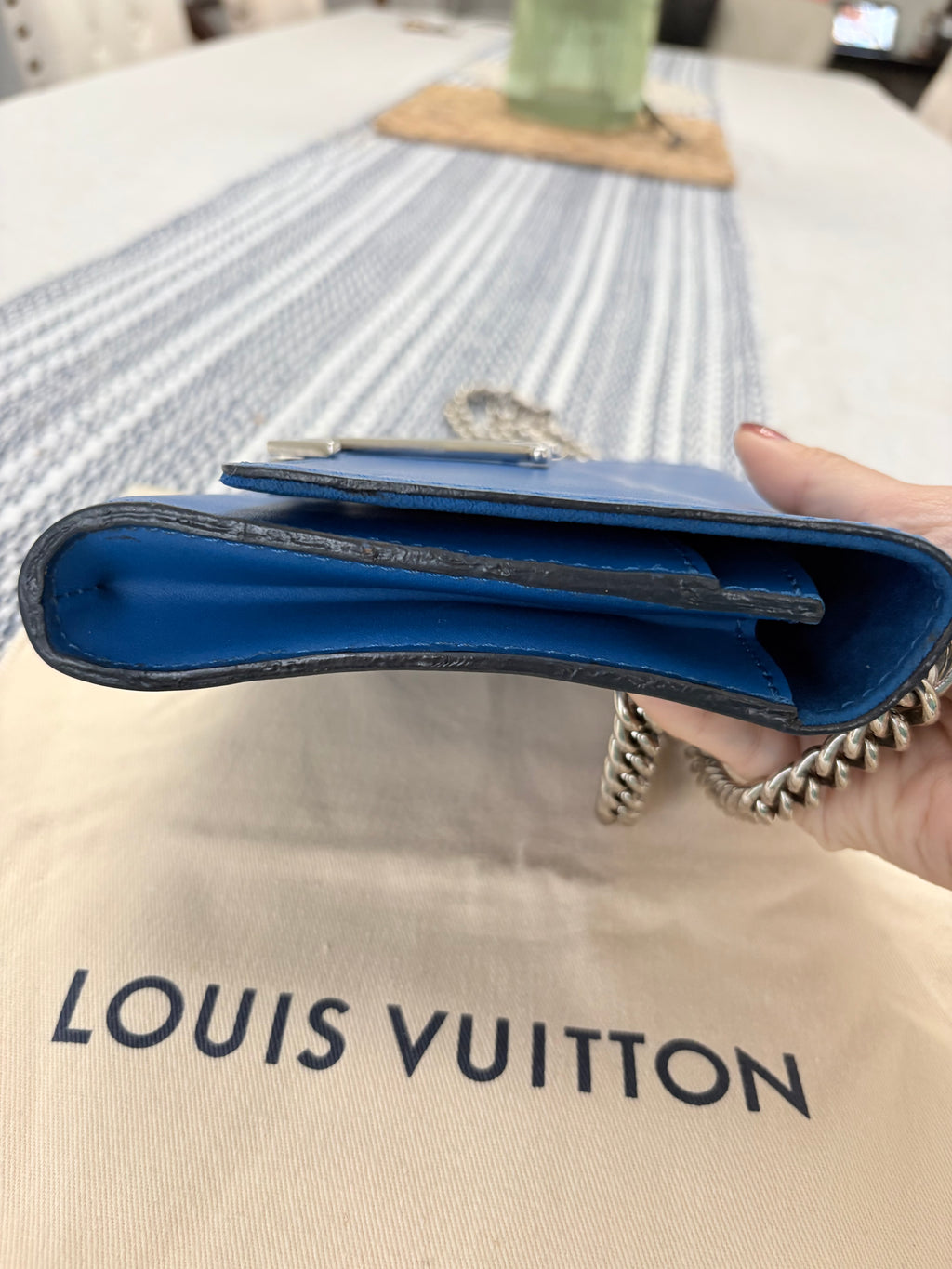 Louise Vuitton Blue Leather Small Bag with Metal Strap