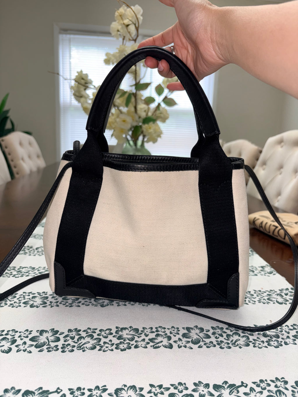Authentic Balenciaga Navy Cabas XS Tote Bag | Black & Natural Canvas Crossbody Luxury Handbag