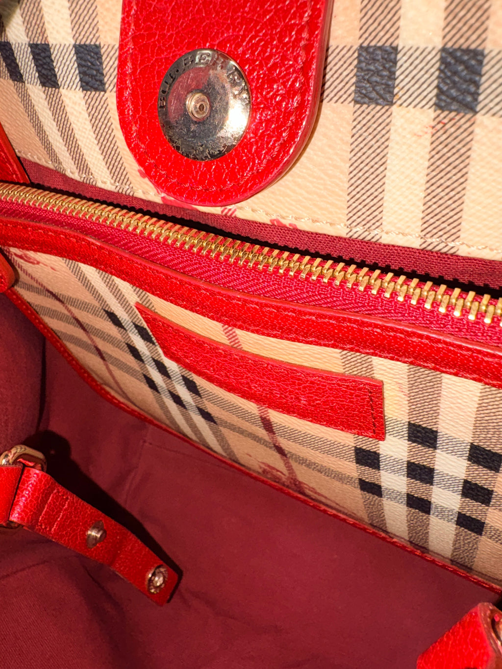 Authentic Burberry Haymarket Check Tote Bag Red Leather Trim | Preloved Designer Handbag
