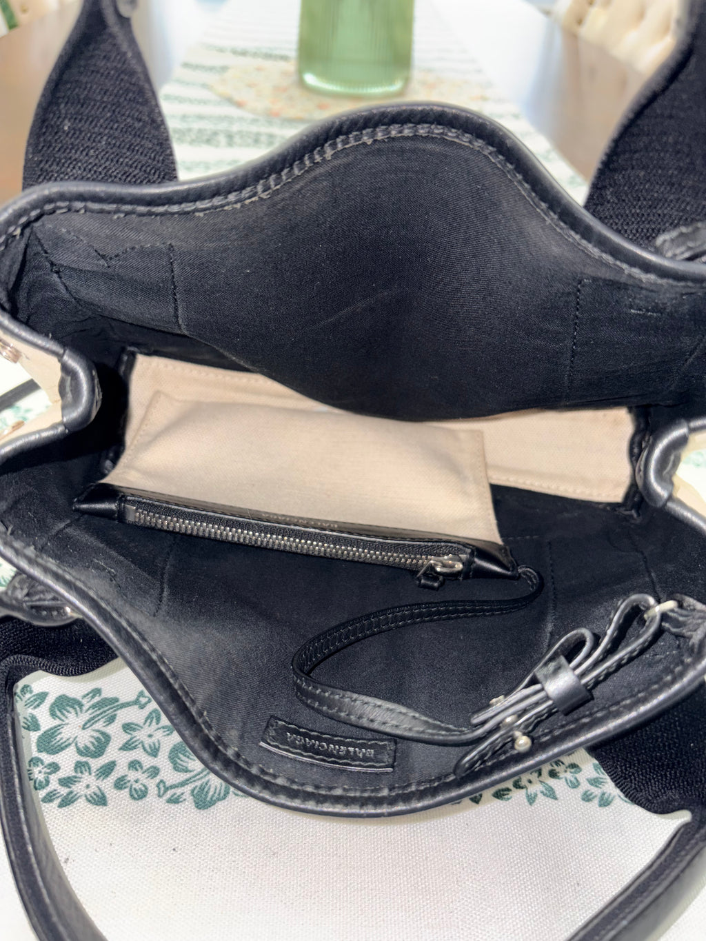 Authentic Balenciaga Navy Cabas XS Tote Bag | Black & Natural Canvas Crossbody Luxury Handbag