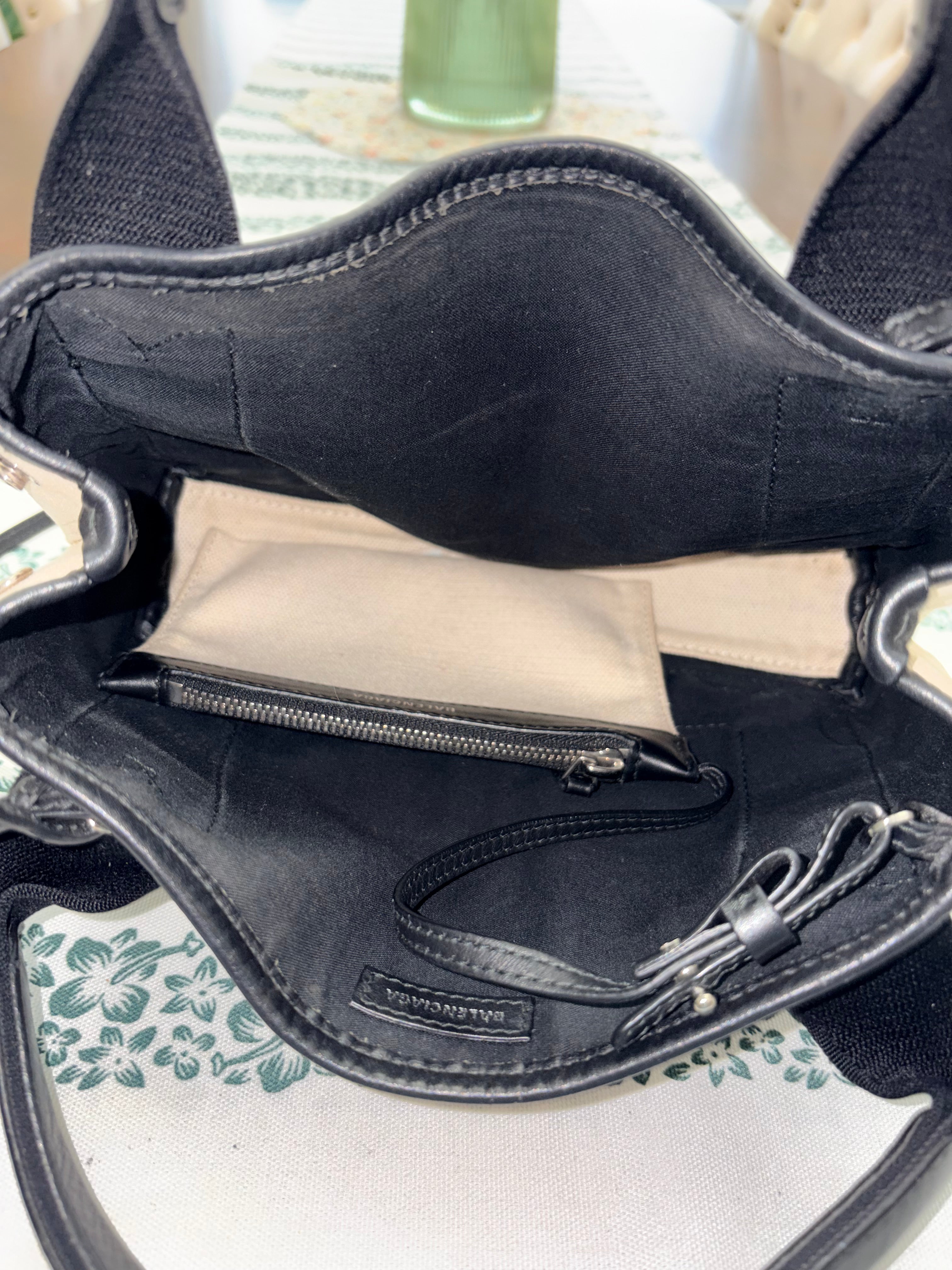 Authentic Balenciaga Navy Cabas XS Tote Bag | Black & Natural Canvas Crossbody Luxury Handbag
