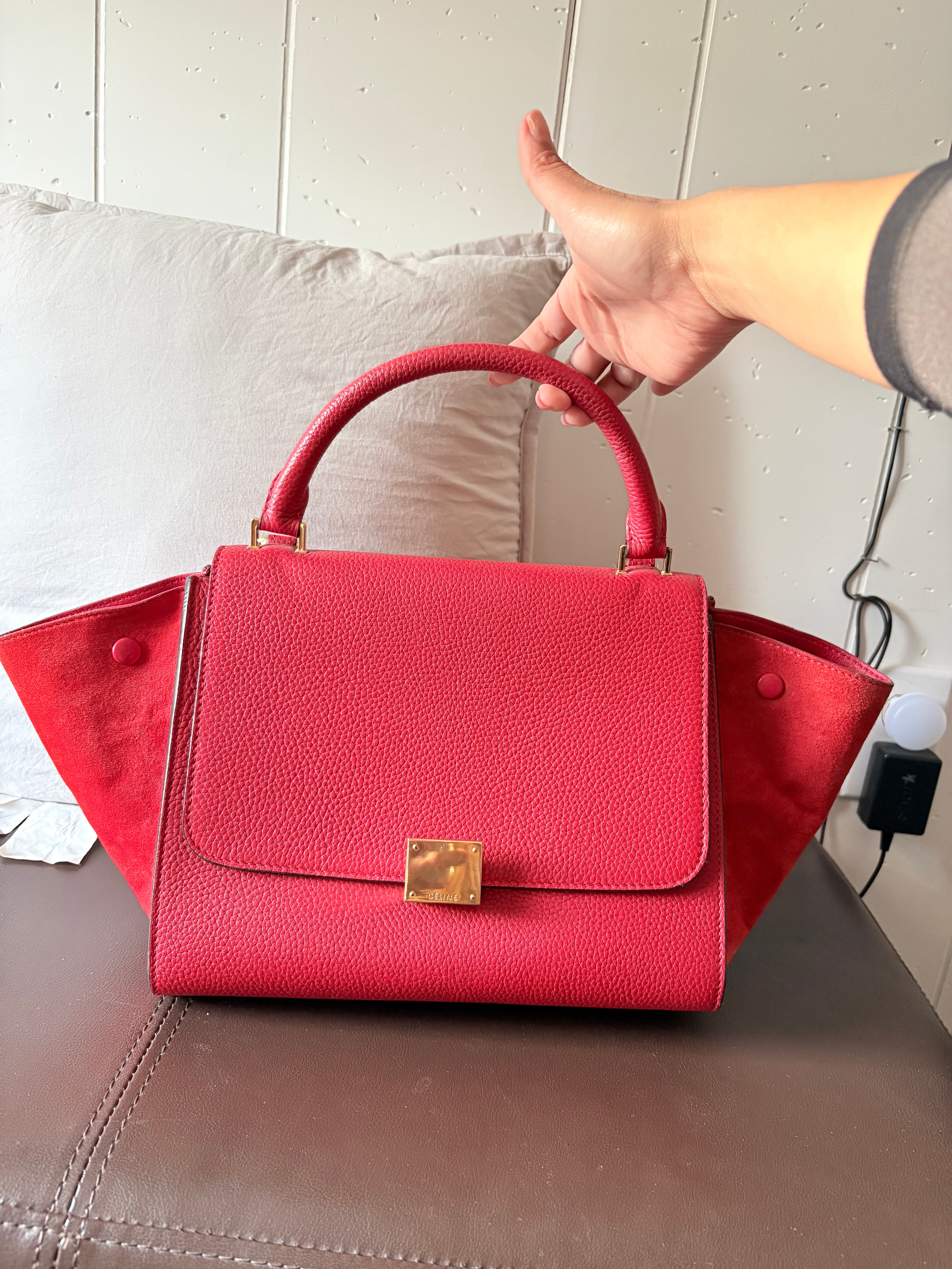 Celine Trapeze in Red Leather and Suede Shoulder Bag