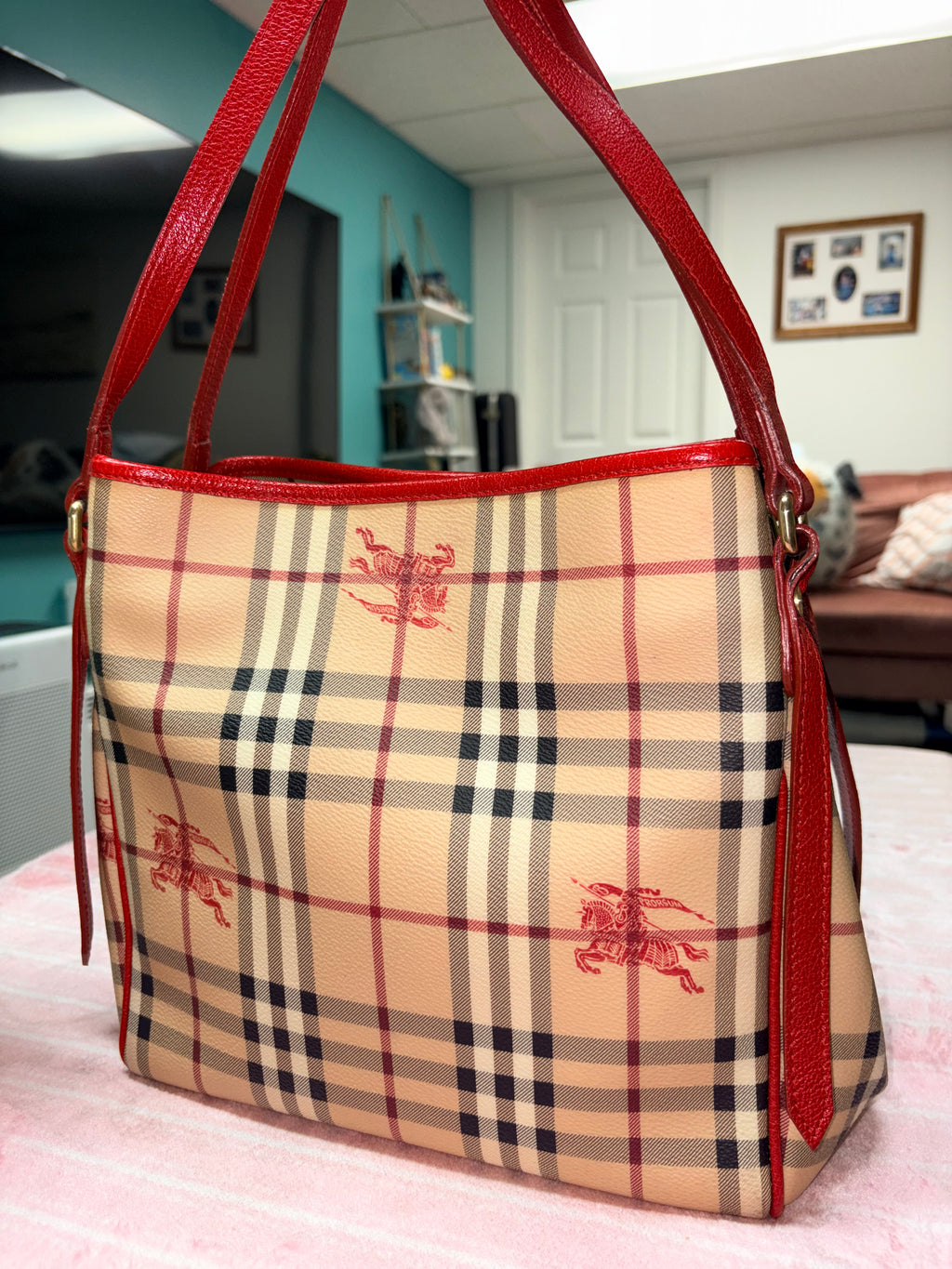 Authentic Burberry Haymarket Check Tote Bag Red Leather Trim | Preloved Designer Handbag