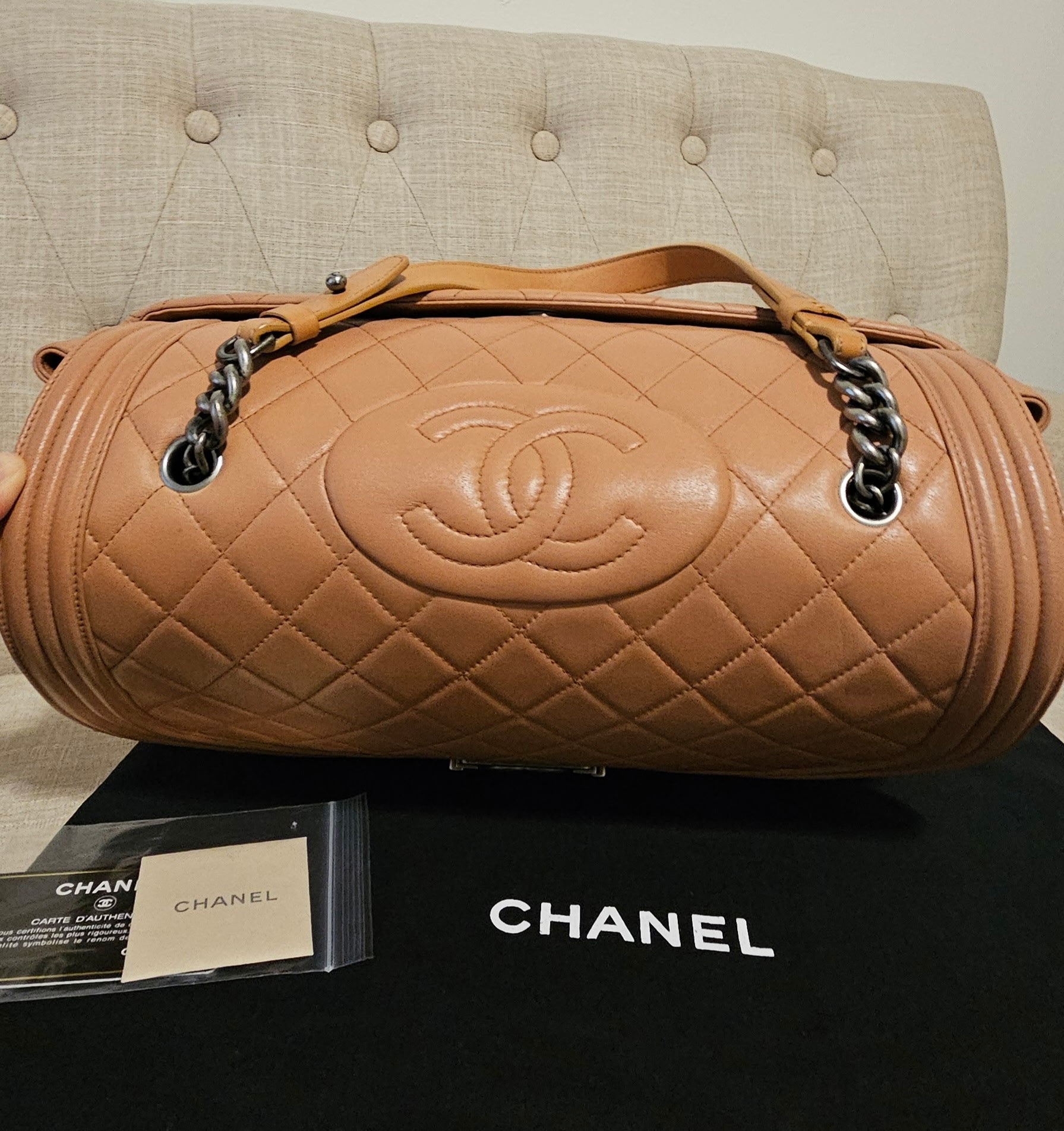 Authentic Chanel Boy Bag Beige Quilted Leather | Preloved Luxury Designer Handbag