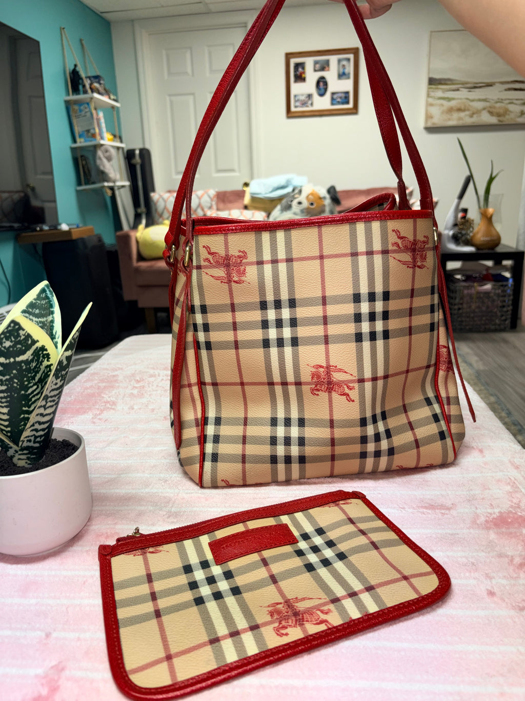 Authentic Burberry Haymarket Check Tote Bag Red Leather Trim | Preloved Designer Handbag