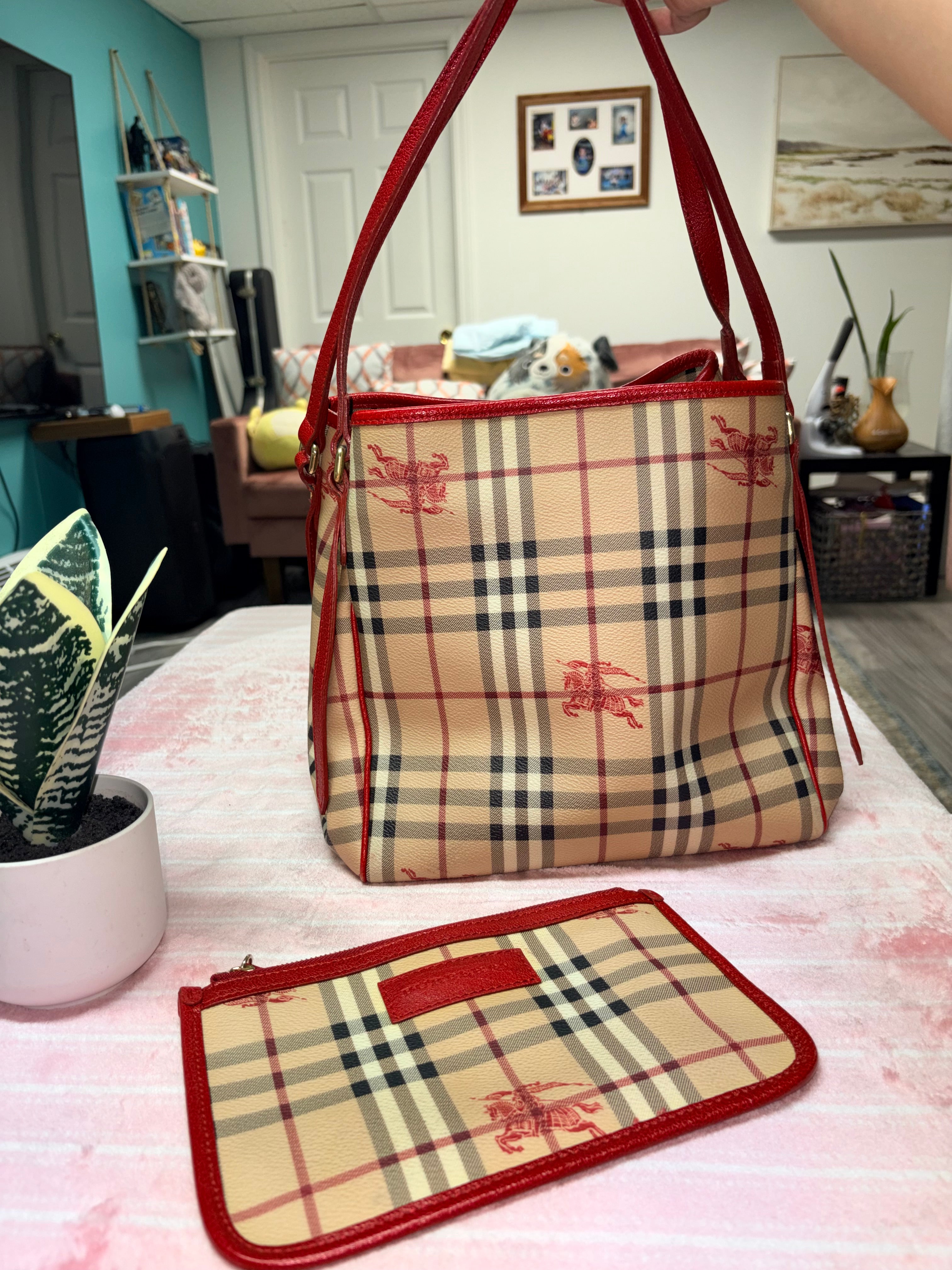Authentic Burberry Haymarket Check Tote Bag Red Leather Trim | Preloved Designer Handbag