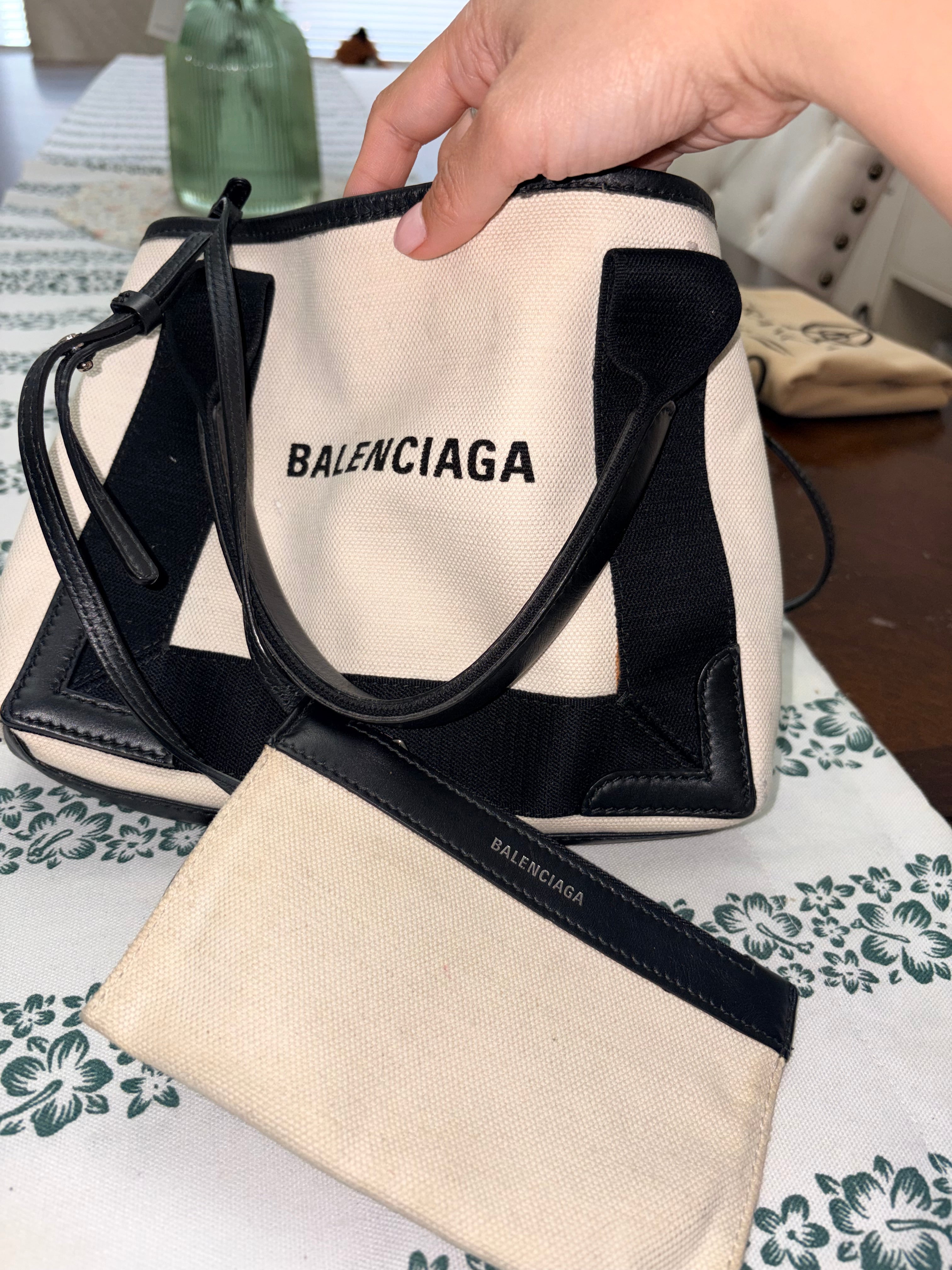 Authentic Balenciaga Navy Cabas XS Tote Bag | Black & Natural Canvas Crossbody Luxury Handbag