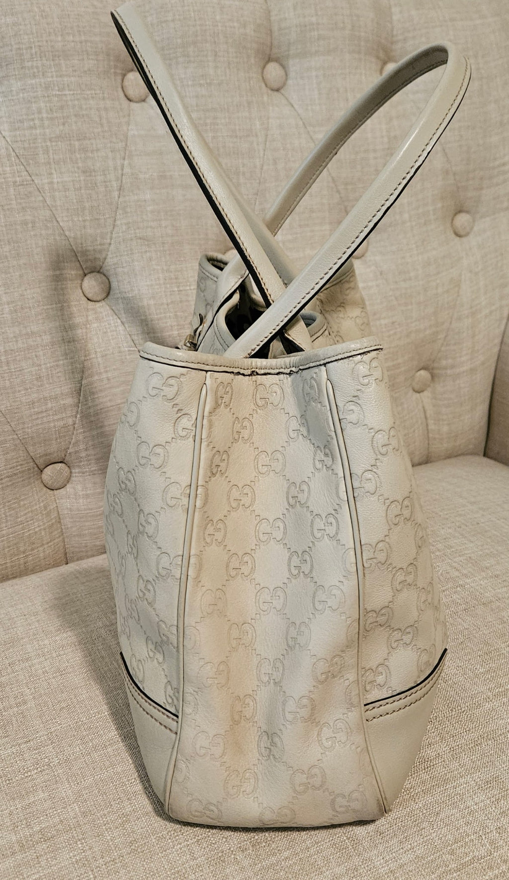 Gucci Guccissima Abbey Tote Bag Ivory Leather GG Monogram Shoulder Bag