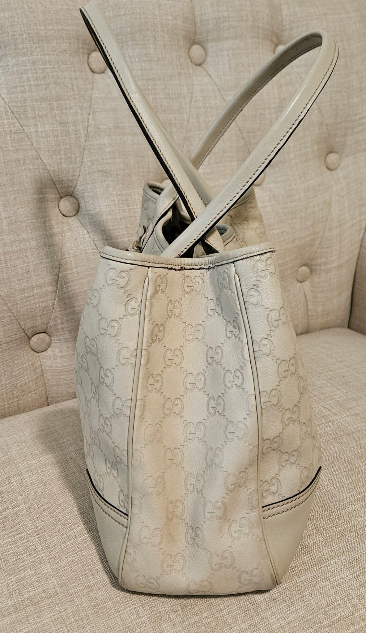Gucci Guccissima Abbey Tote Bag Ivory Leather GG Monogram Shoulder Bag