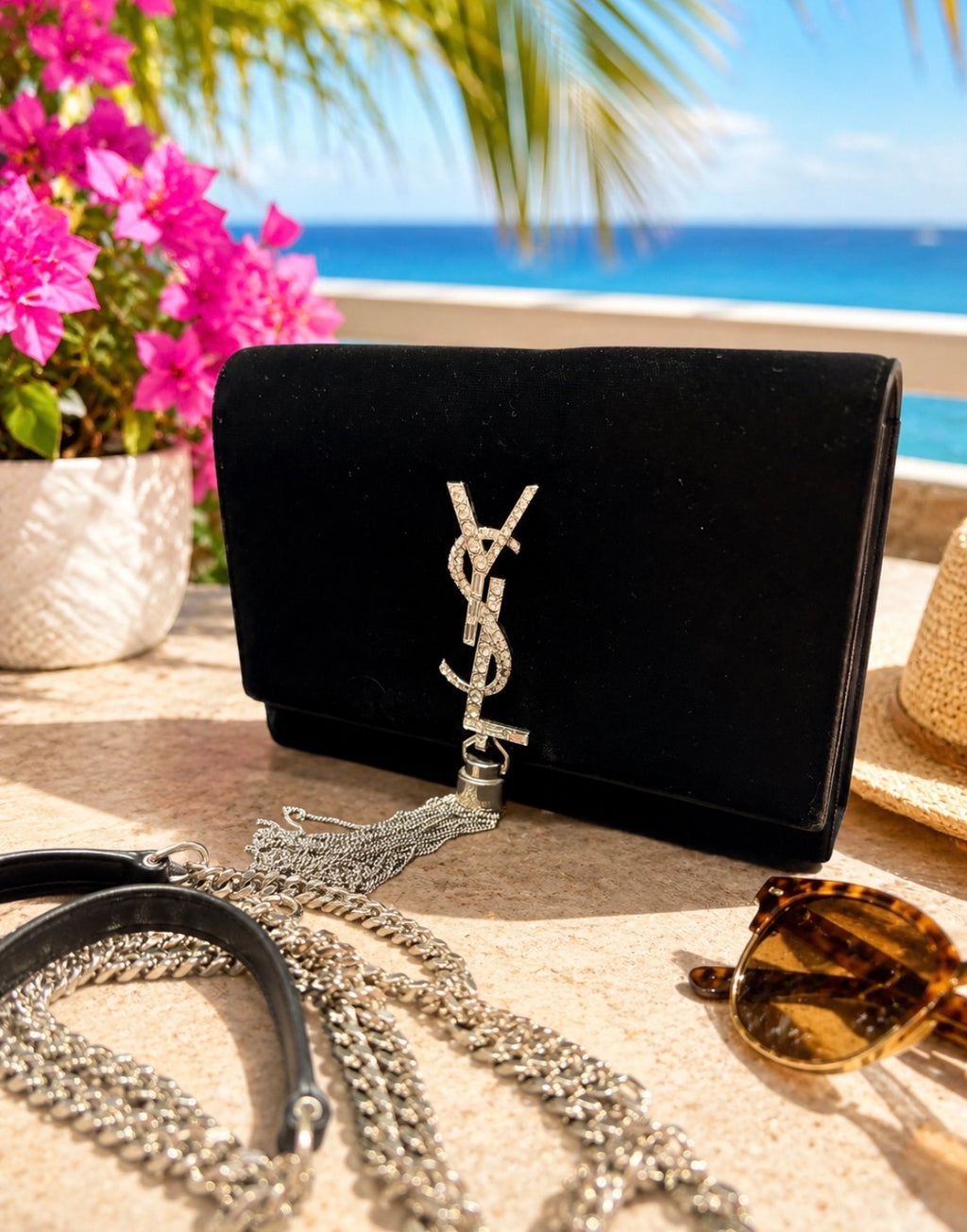Authentic Saint Laurent Kate Tassel Clutch Black Velvet Crystal YSL Logo | Preloved Luxury Designer Bag