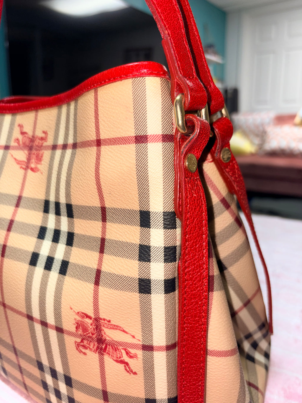 Authentic Burberry Haymarket Check Tote Bag Red Leather Trim | Preloved Designer Handbag