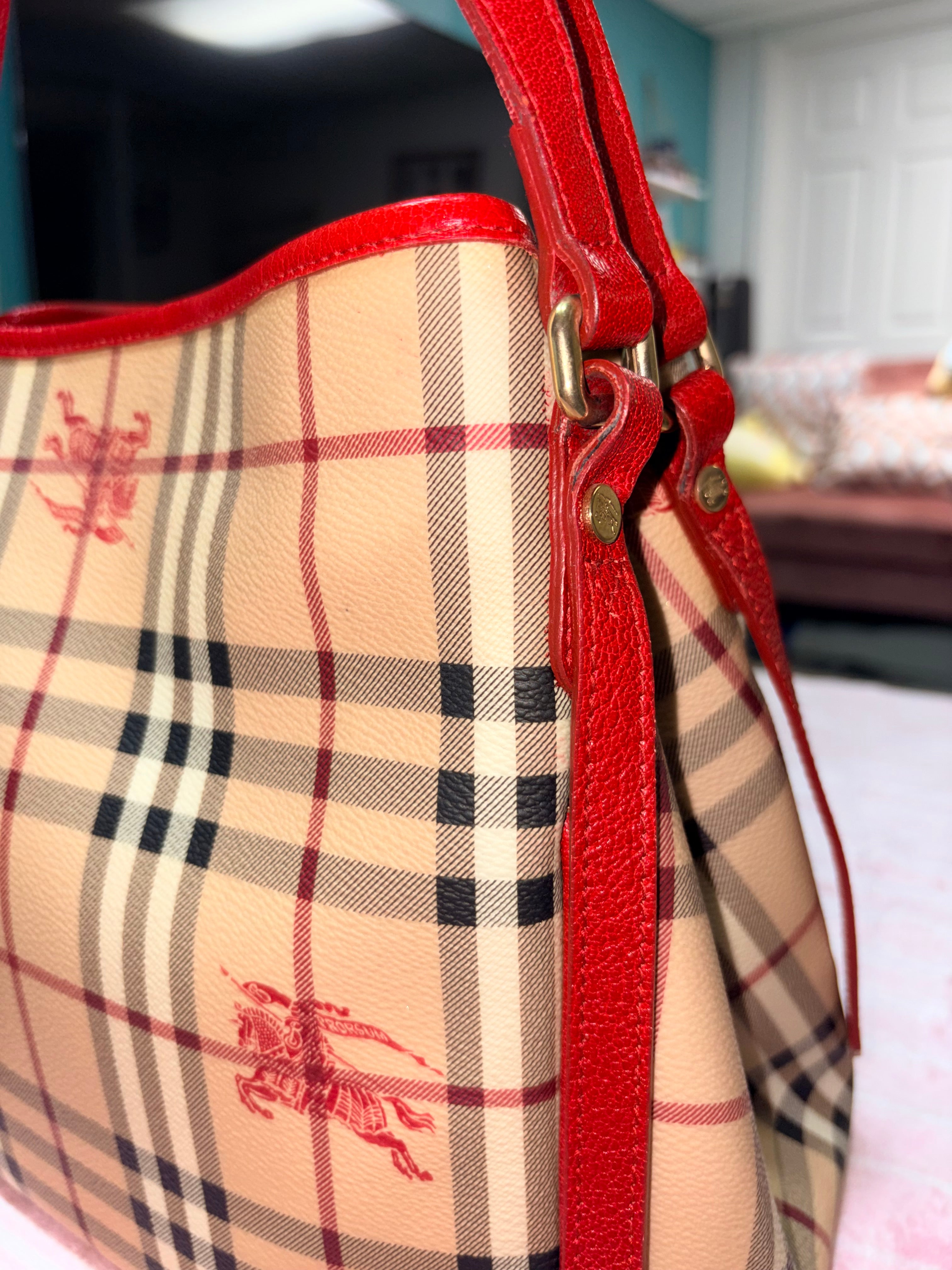 Authentic Burberry Haymarket Check Tote Bag Red Leather Trim | Preloved Designer Handbag