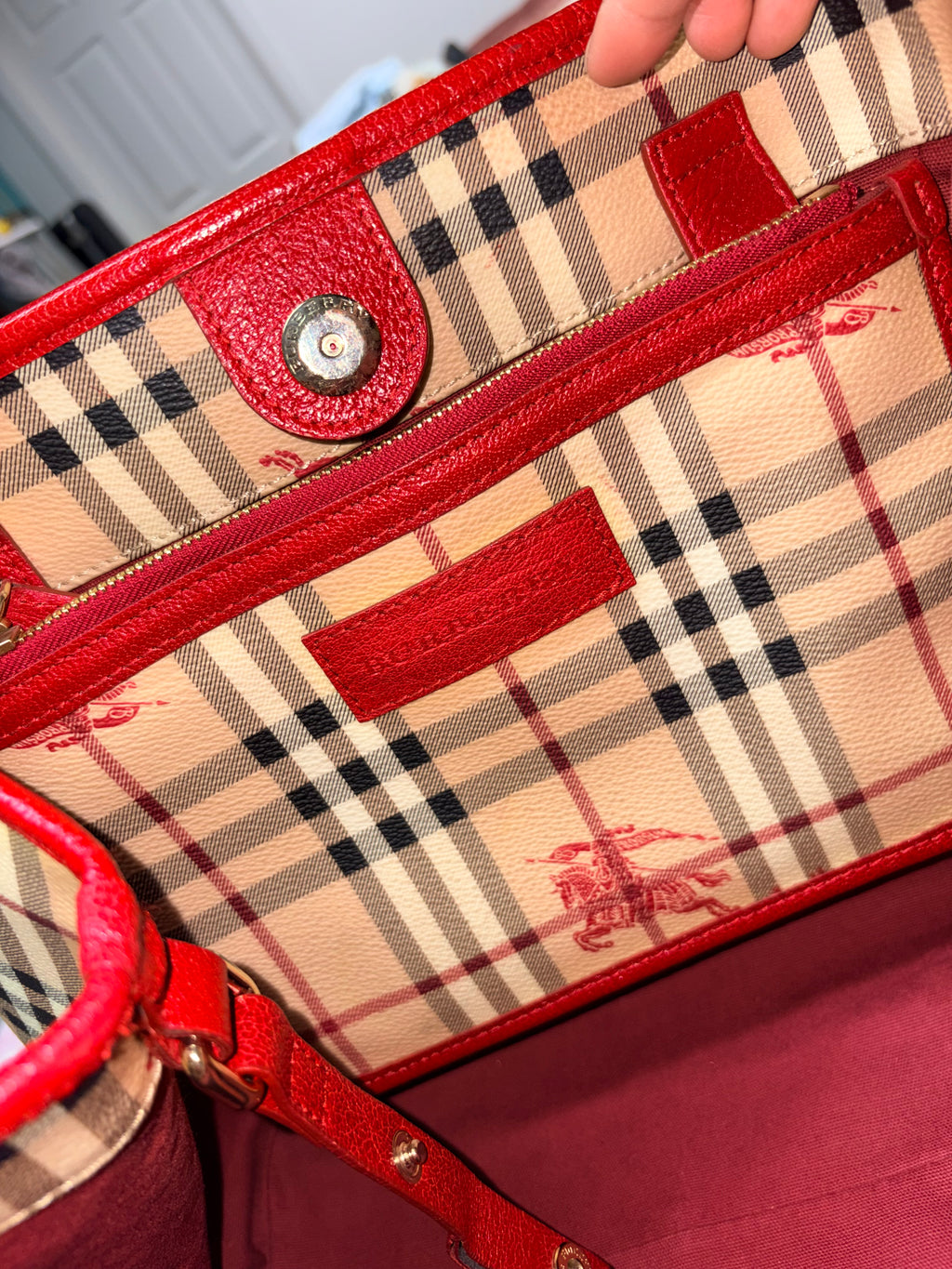Authentic Burberry Haymarket Check Tote Bag Red Leather Trim | Preloved Designer Handbag