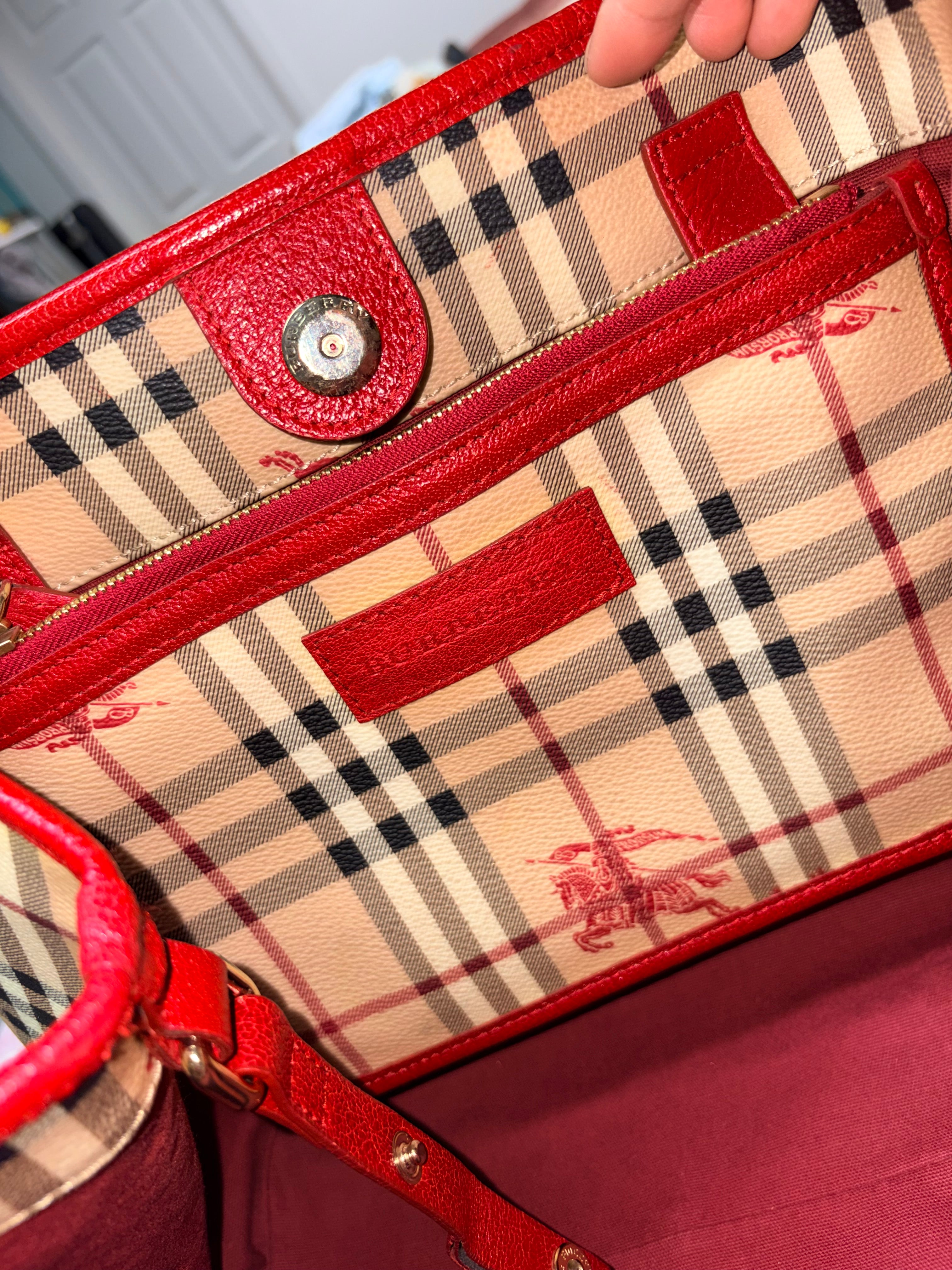 Authentic Burberry Haymarket Check Tote Bag Red Leather Trim | Preloved Designer Handbag