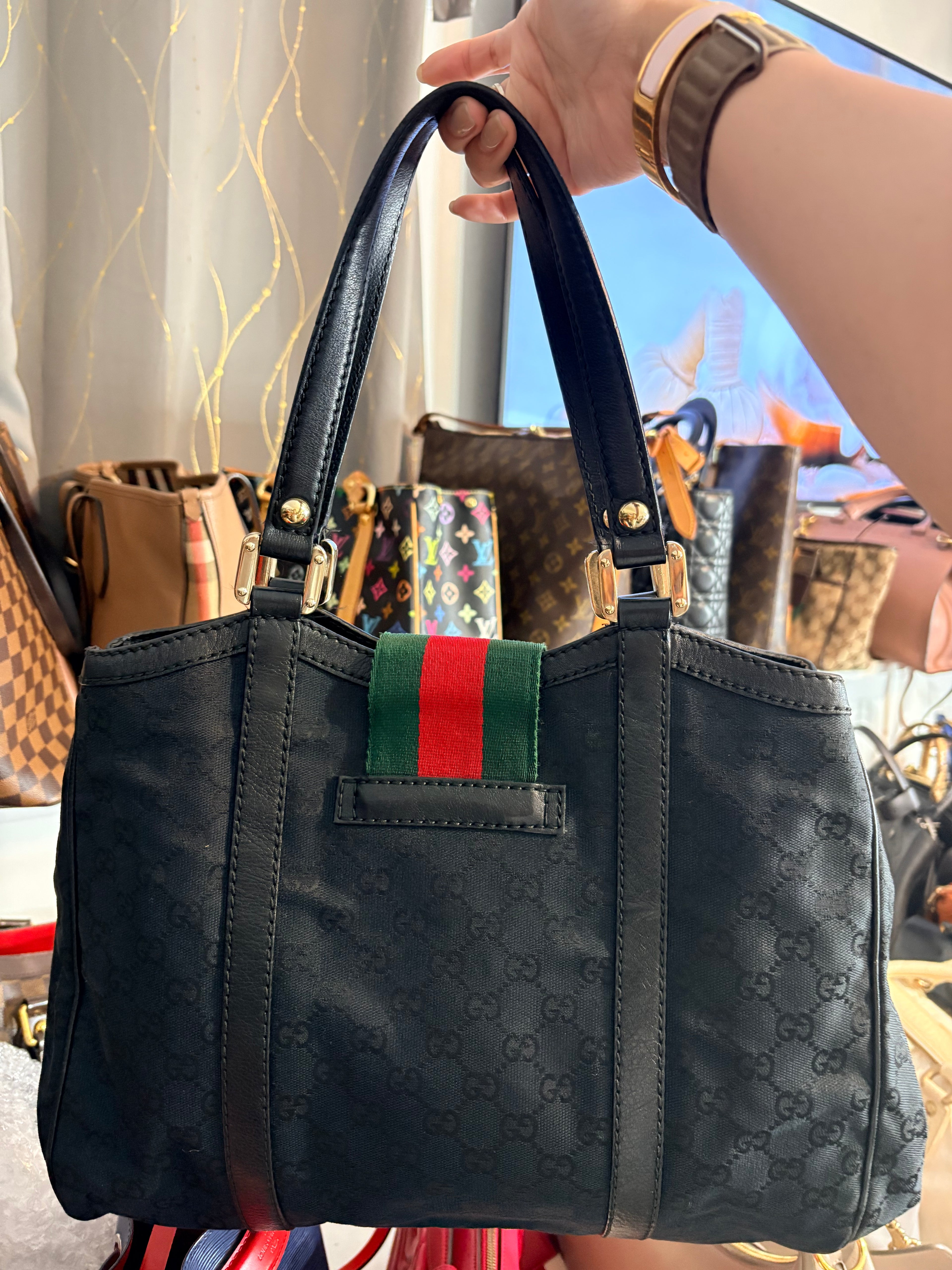 Authentic Gucci GG Canvas Web Stripe Tote Bag Black | Preloved Gucci Handbag