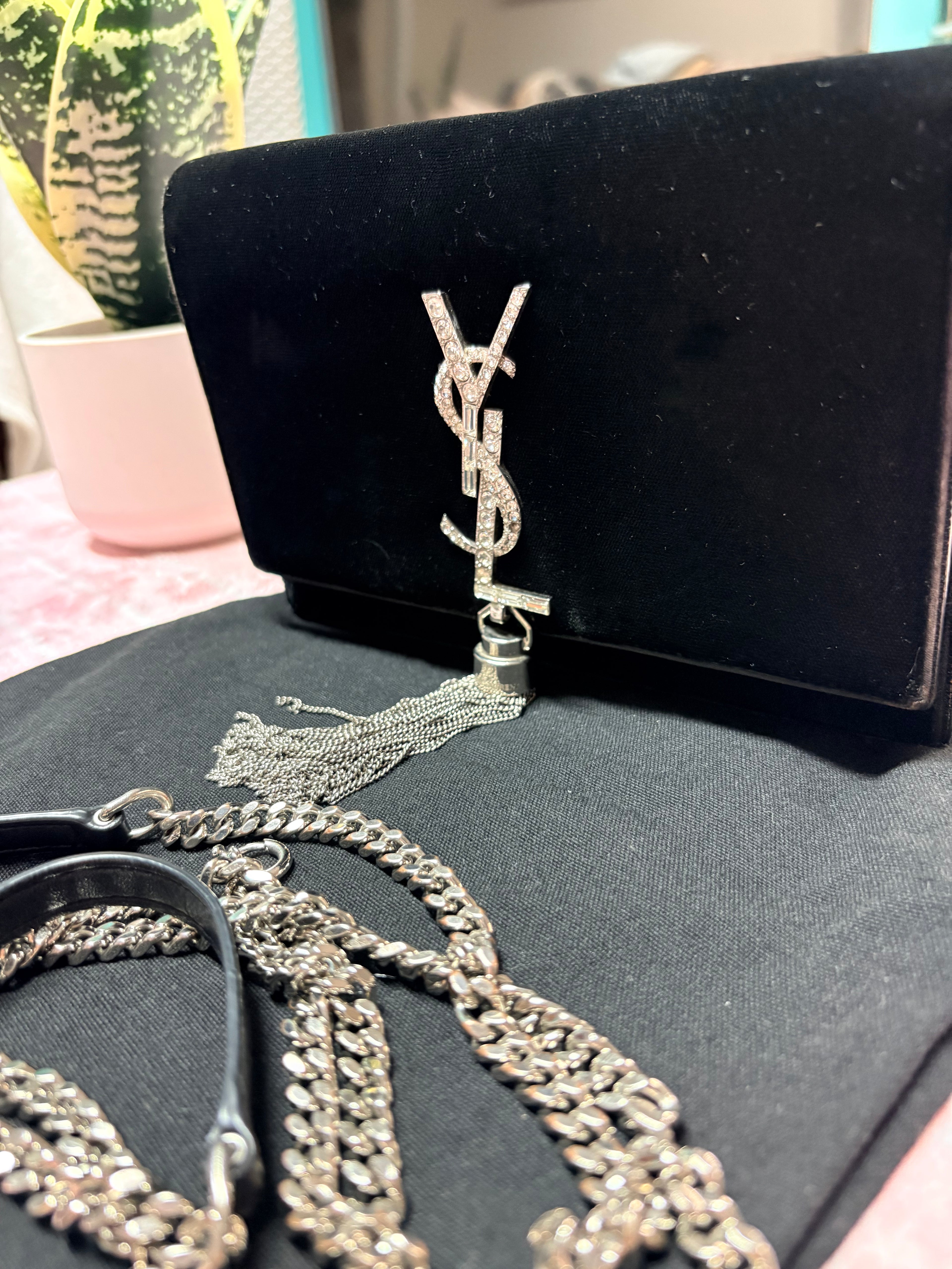 Authentic Saint Laurent Kate Tassel Clutch Black Velvet Crystal YSL Logo | Preloved Luxury Designer Bag