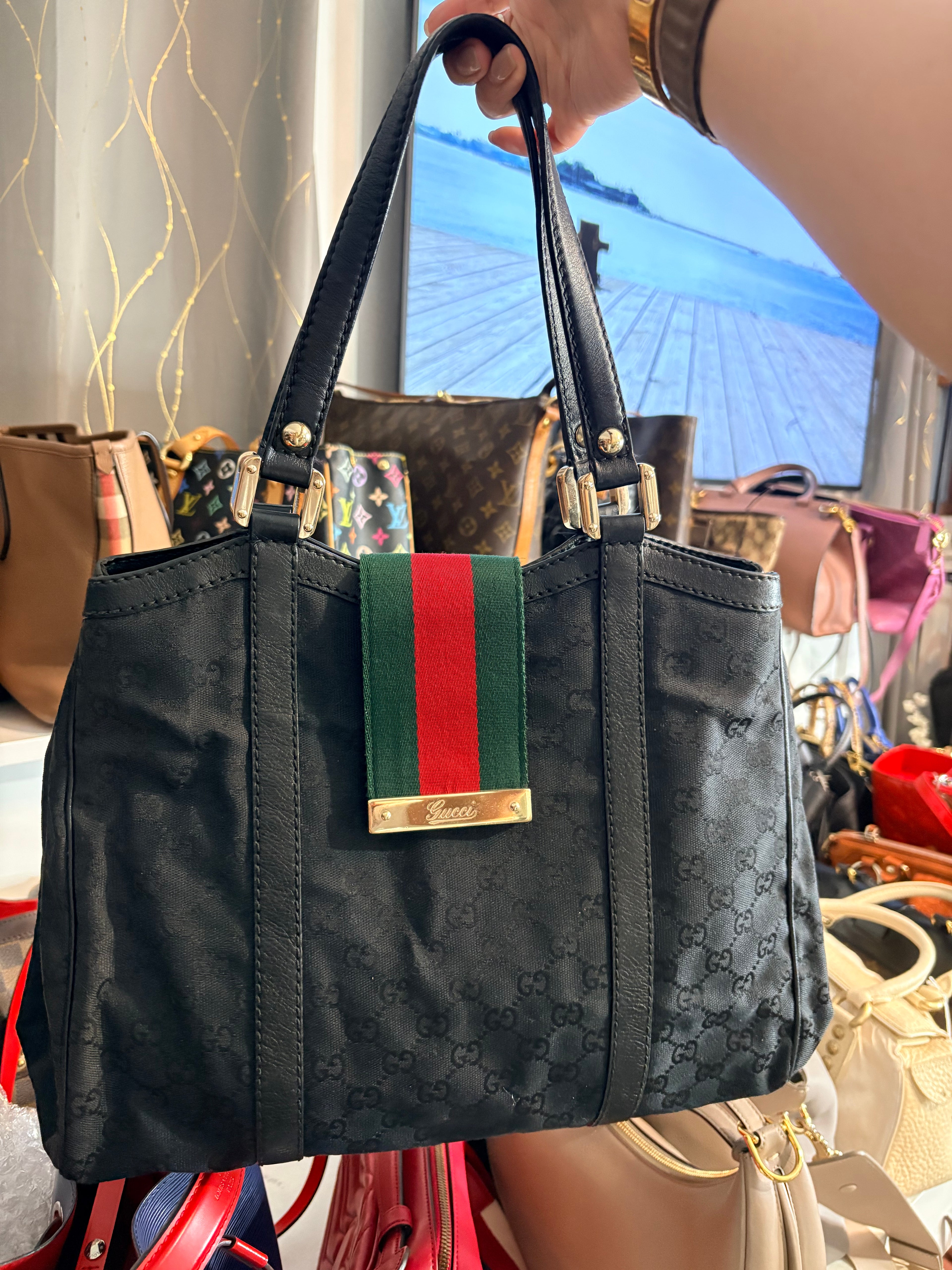 Authentic Gucci GG Canvas Web Stripe Tote Bag Black | Preloved Gucci Handbag