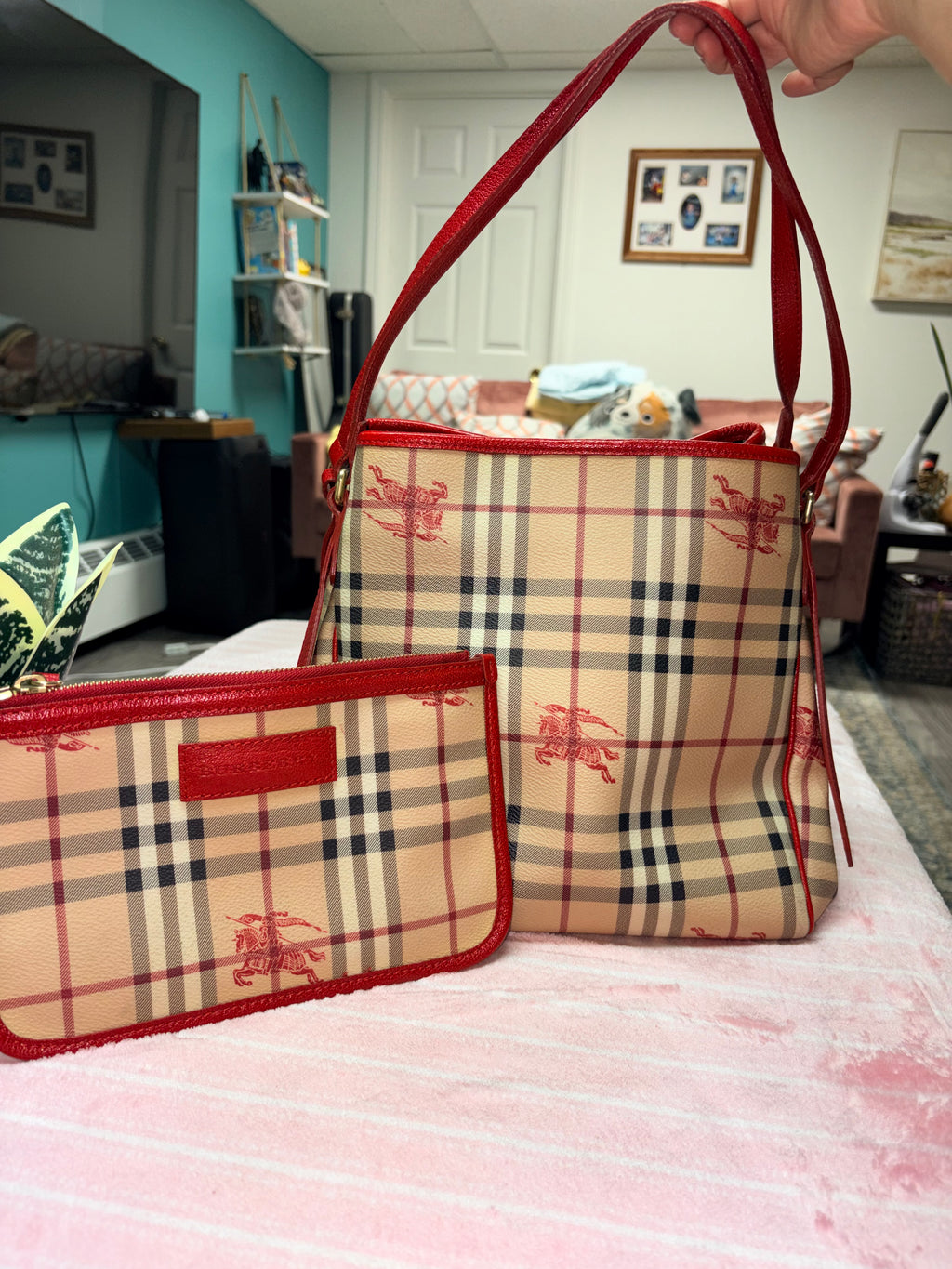 Authentic Burberry Haymarket Check Tote Bag Red Leather Trim | Preloved Designer Handbag