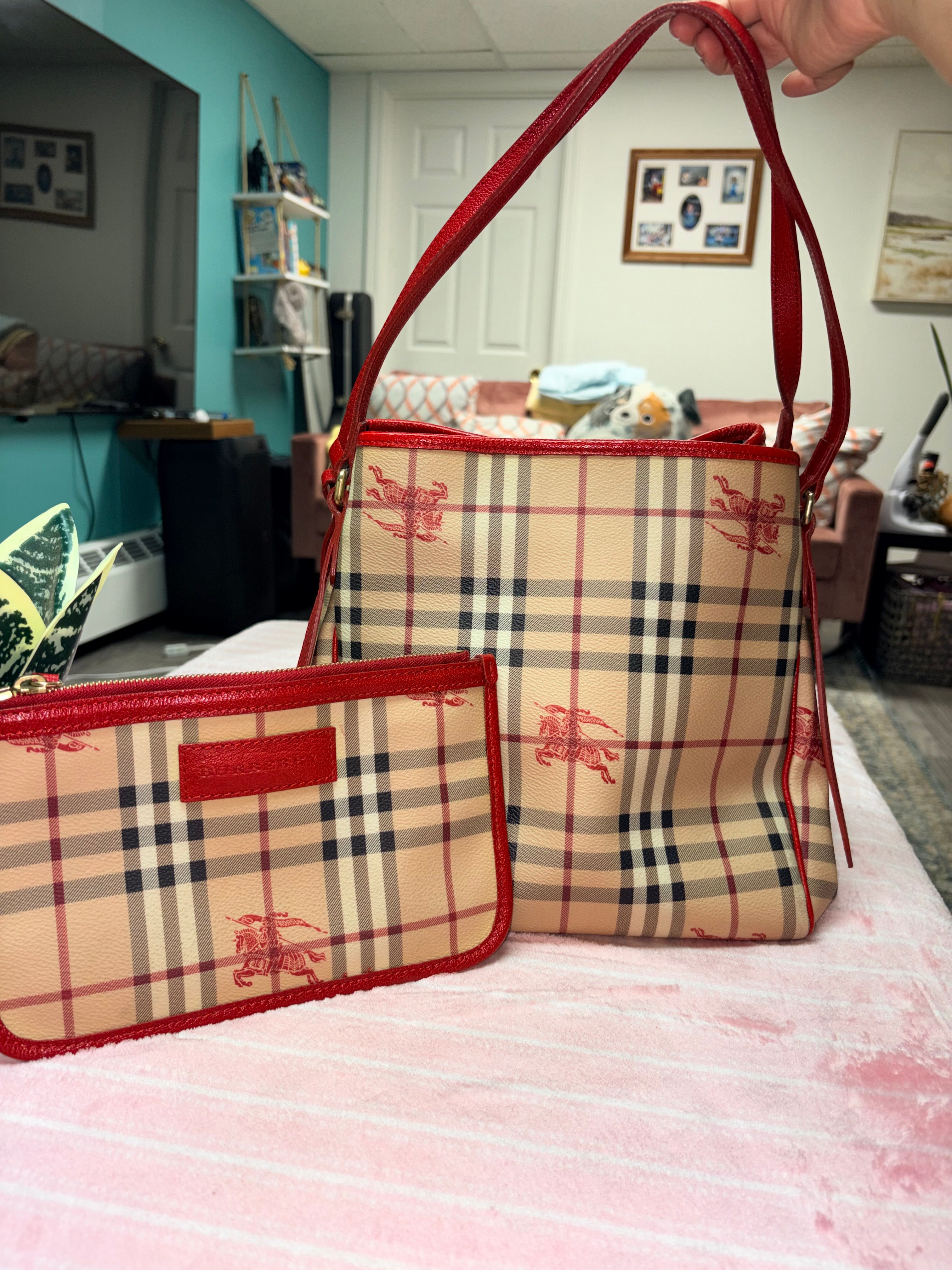 Authentic Burberry Haymarket Check Tote Bag Red Leather Trim | Preloved Designer Handbag